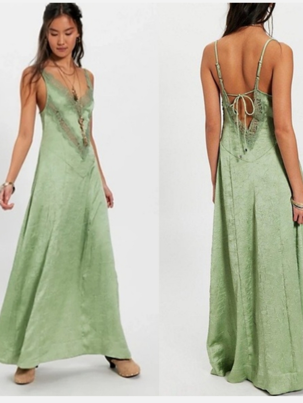 Free People Maybe Forever Maxi Dress Lace Trim Pockets Soft Moss